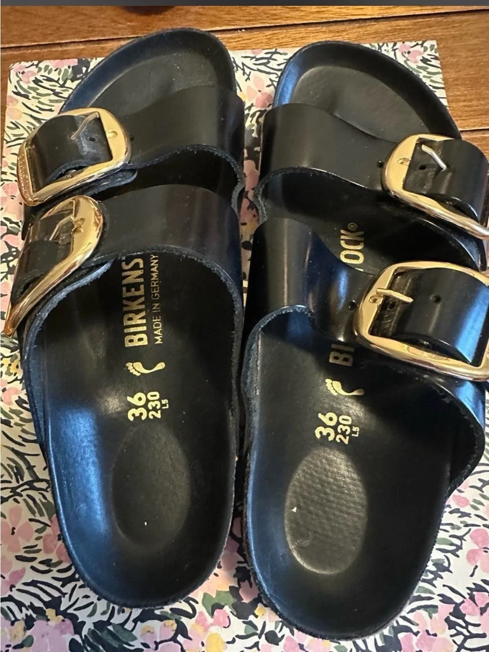 Birkenstock Black Two-Buckle Sandals with Gold Buckles